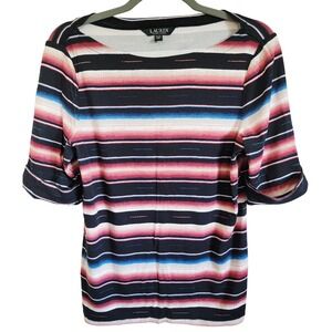 LAUREN Ralph Lauren Womens Top XL Striped Cuffed Sleeve Boat‎ Neck Tee Shirt